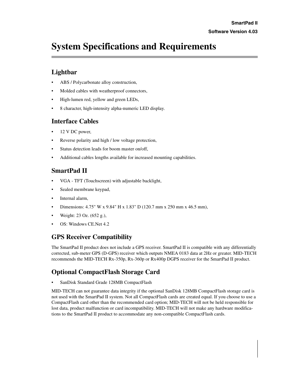 System specifications and requirements, Lightbar, Interface cables | Smartpad ii, Gps receiver compatibility, Optional compactflash storage card | TeeJet Swath XL SmartPad II User Manual | Page 17 / 204