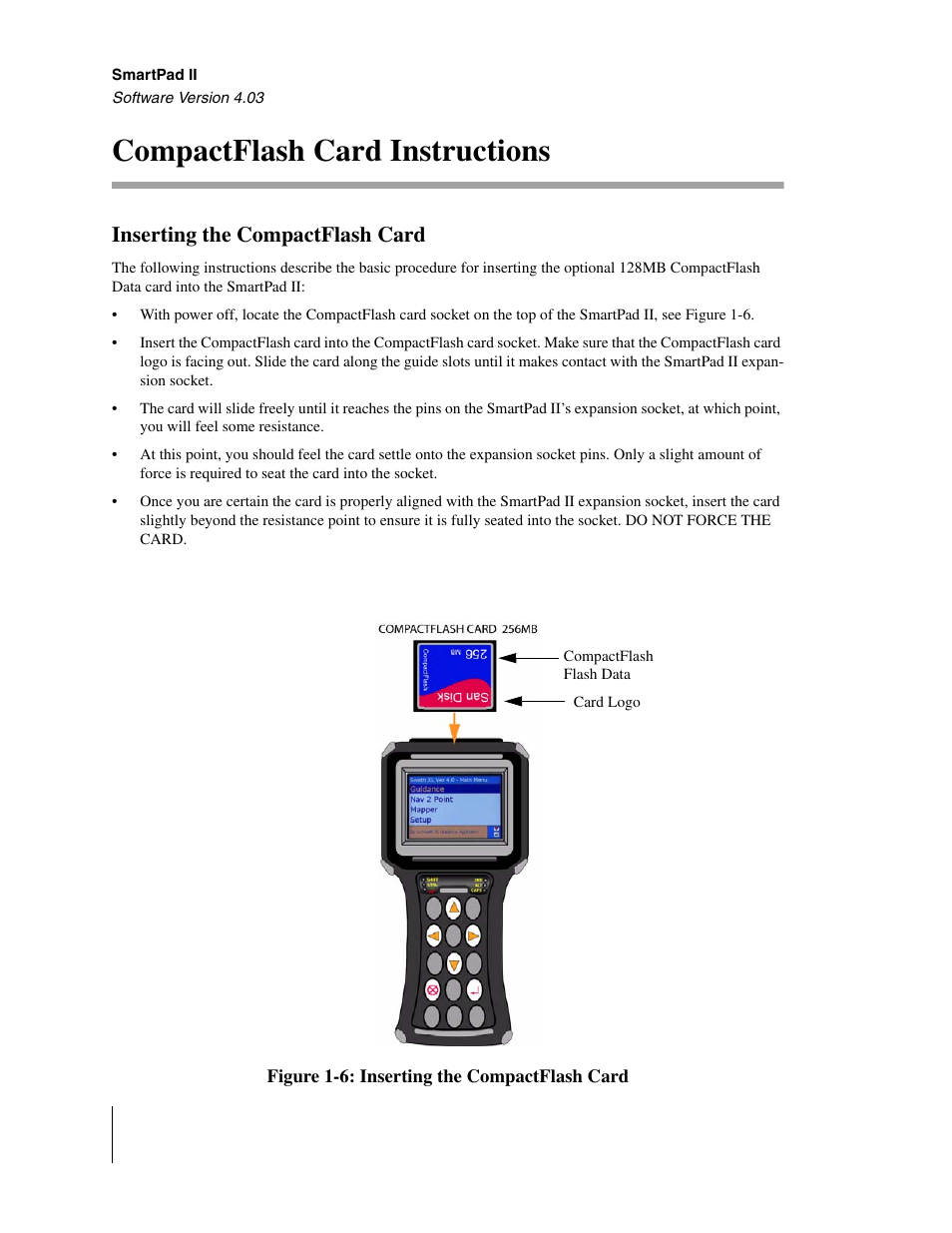 Compactflash card instructions, Inserting the compactflash card | TeeJet Swath XL SmartPad II User Manual | Page 18 / 204