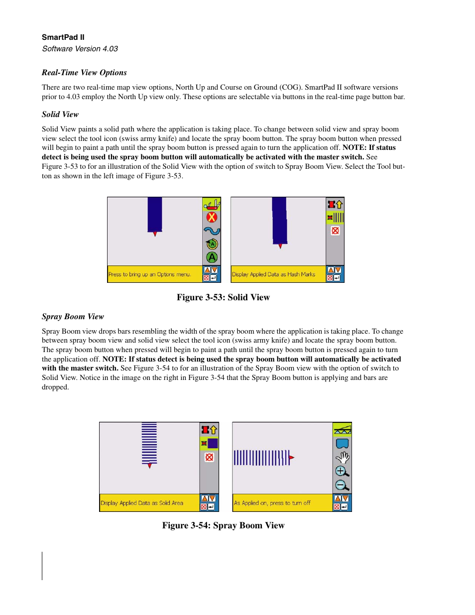 Real-time view options, Solid view, Spray boom view | Real-time view options solid view spray boom view | TeeJet Swath XL SmartPad II User Manual | Page 96 / 204