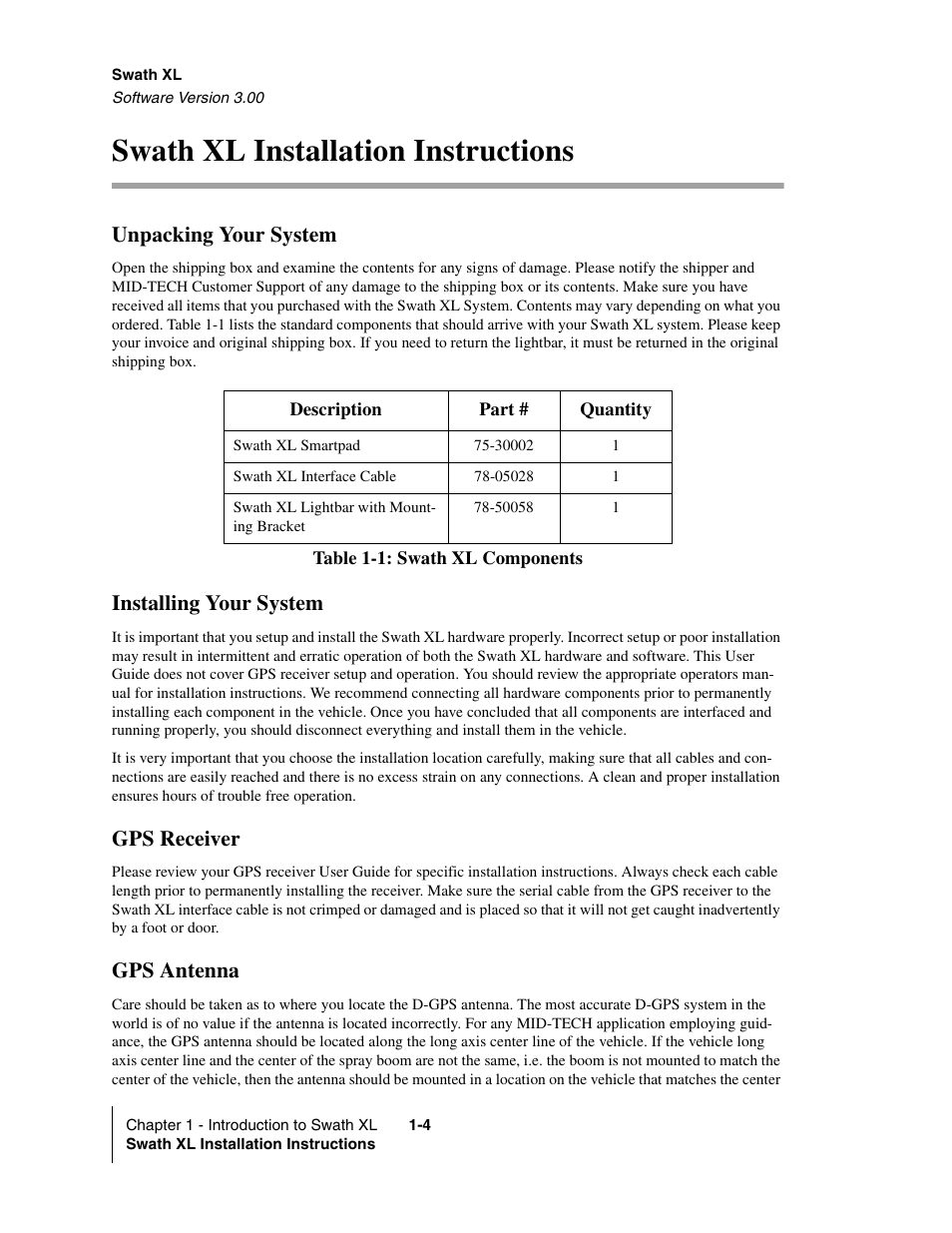 Swath xl installation instructions, Unpacking your system, Installing your system | Gps receiver, Gps antenna, Swath xl installation instructions -4 | TeeJet Swath XL User Manual | Page 10 / 162