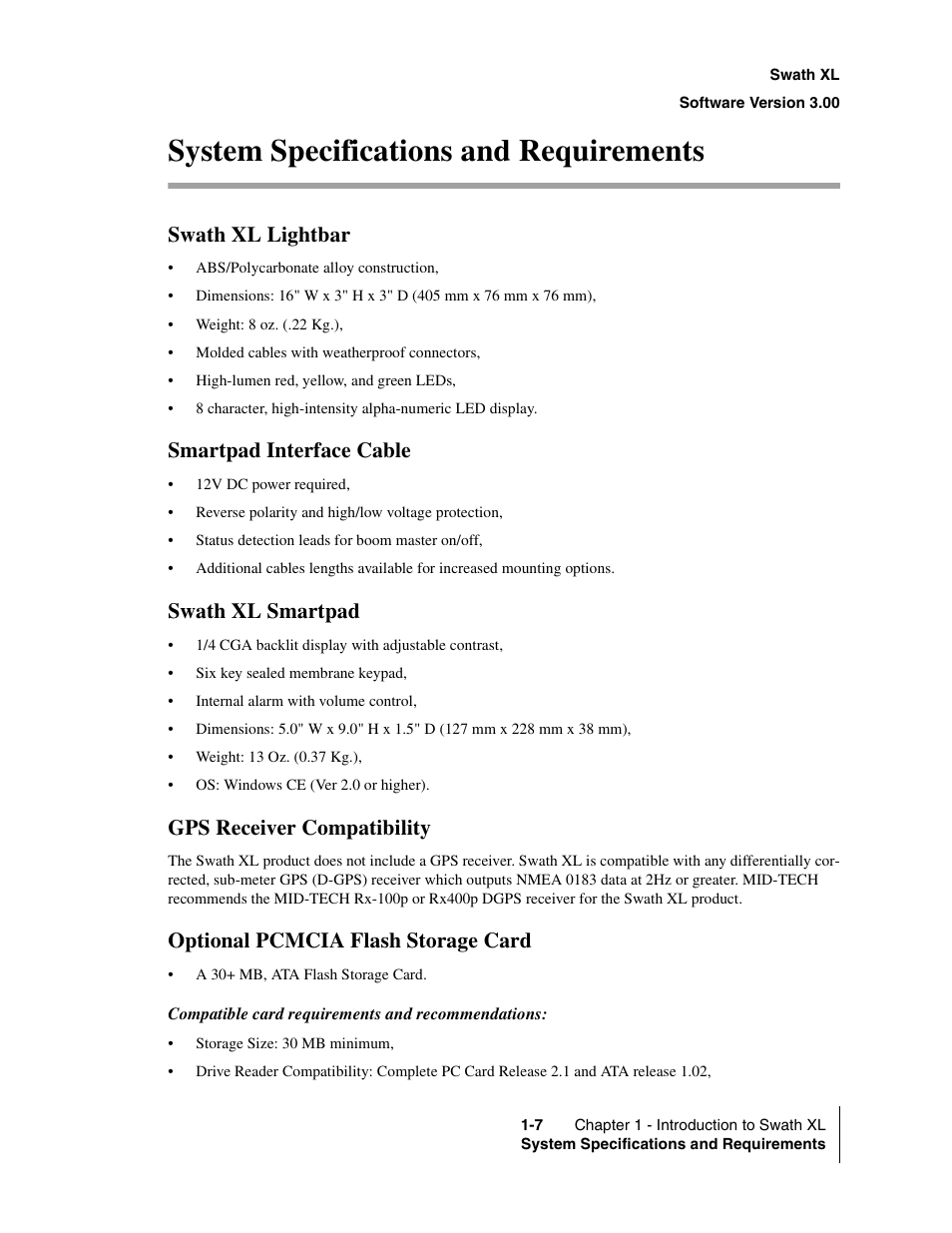 System specifications and requirements, Swath xl lightbar, Smartpad interface cable | Swath xl smartpad, Gps receiver compatibility, Optional pcmcia flash storage card, System specifications and requirements -7 | TeeJet Swath XL User Manual | Page 13 / 162