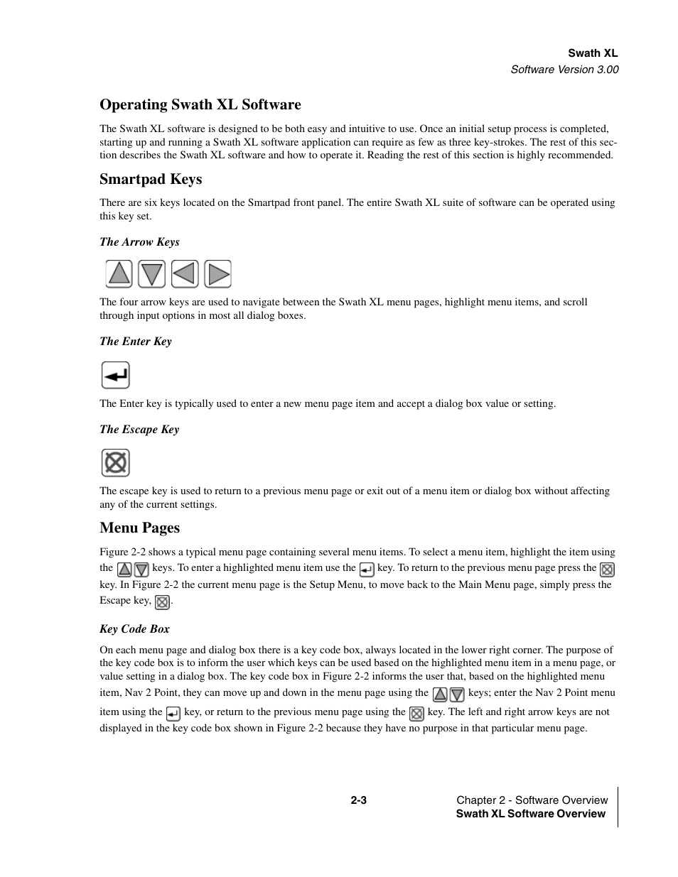 Operating swath xl software, Operating swath xl software -3, Smartpad keys | Menu pages | TeeJet Swath XL User Manual | Page 23 / 162