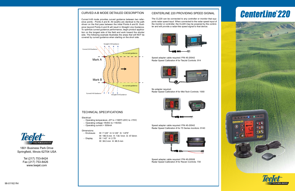 Centerline 220 providing speed signal, Curved a-b mode detailed description, Mark a mark b | Technical specifications | TeeJet CenterLine 220 User Guide User Manual | Page 2 / 2