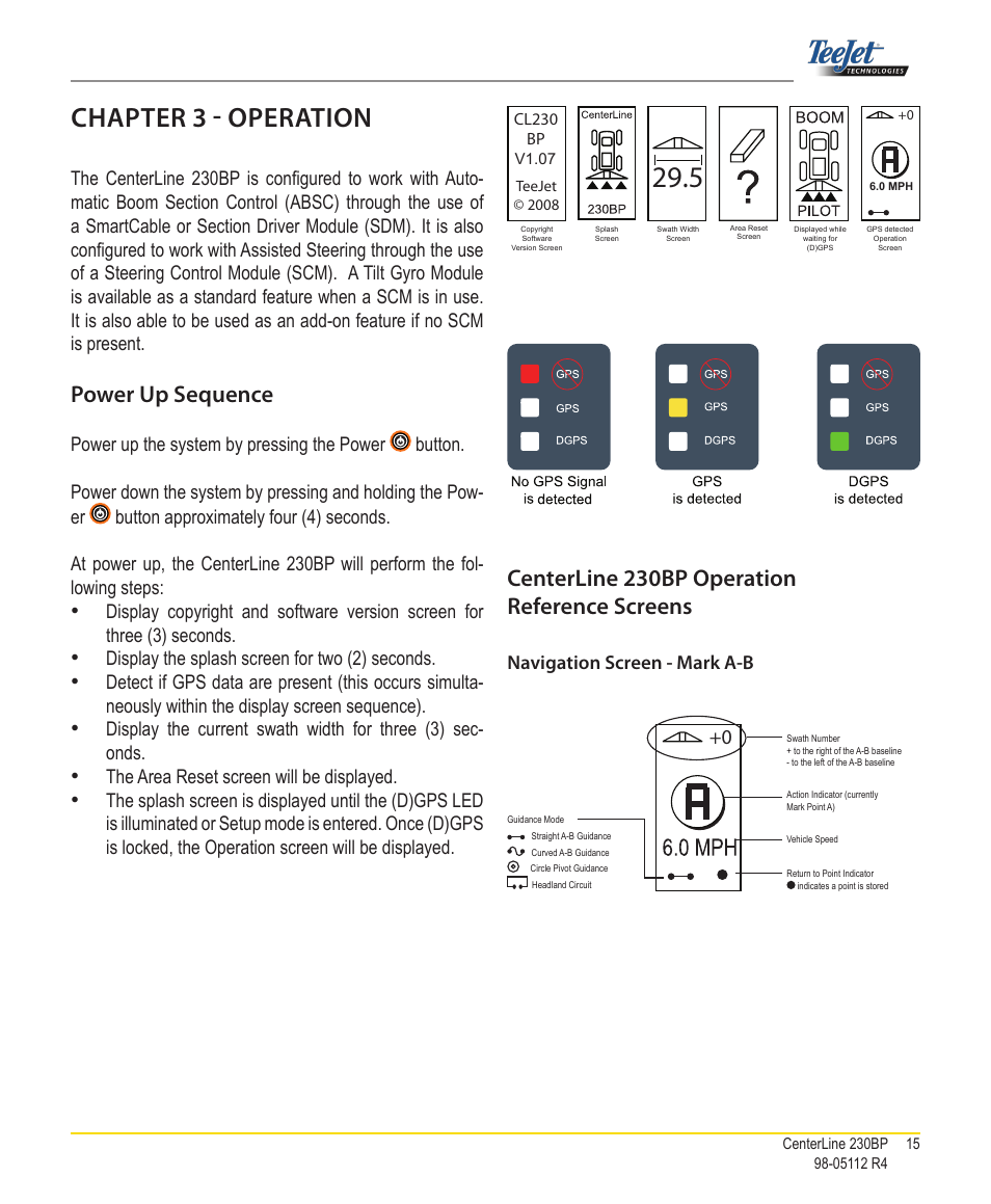 Chapter 3 - operation, Power up sequence, Centerline 230bp operation reference screens | TeeJet CenterLine 230BP User Manual | Page 16 / 26