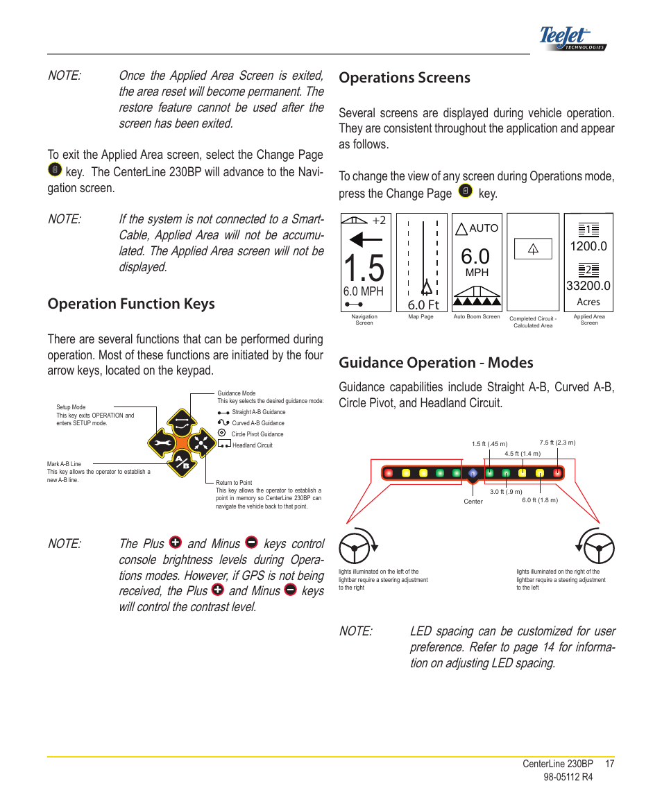 Operation function keys, Operations screens, Guidance operation - modes | 0 ft | TeeJet CenterLine 230BP User Manual | Page 18 / 26