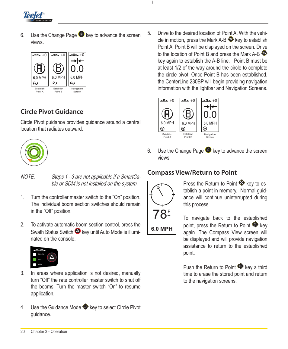 Compass view/return to point, Circle pivot guidance | TeeJet CenterLine 230BP User Manual | Page 21 / 26