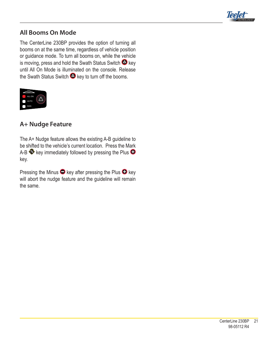 All booms on mode, A+ nudge feature | TeeJet CenterLine 230BP User Manual | Page 22 / 26