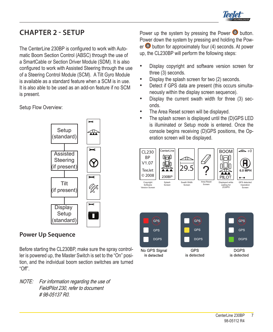 Chapter 2 - setup, Power up sequence | TeeJet CenterLine 230BP User Manual | Page 8 / 26