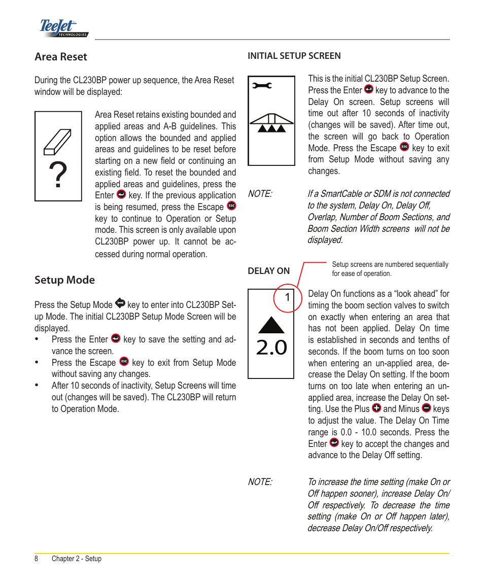 Area reset, Setup mode | TeeJet CenterLine 230BP User Manual | Page 9 / 26