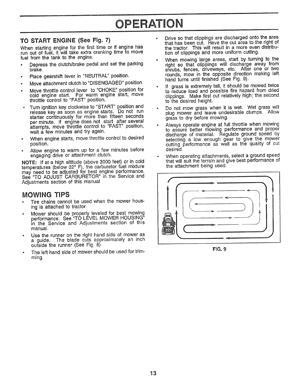 To start engine (see fig. 7), Operation, Mowing tips | Craftsman 917.255561 User Manual | Page 13 / 52