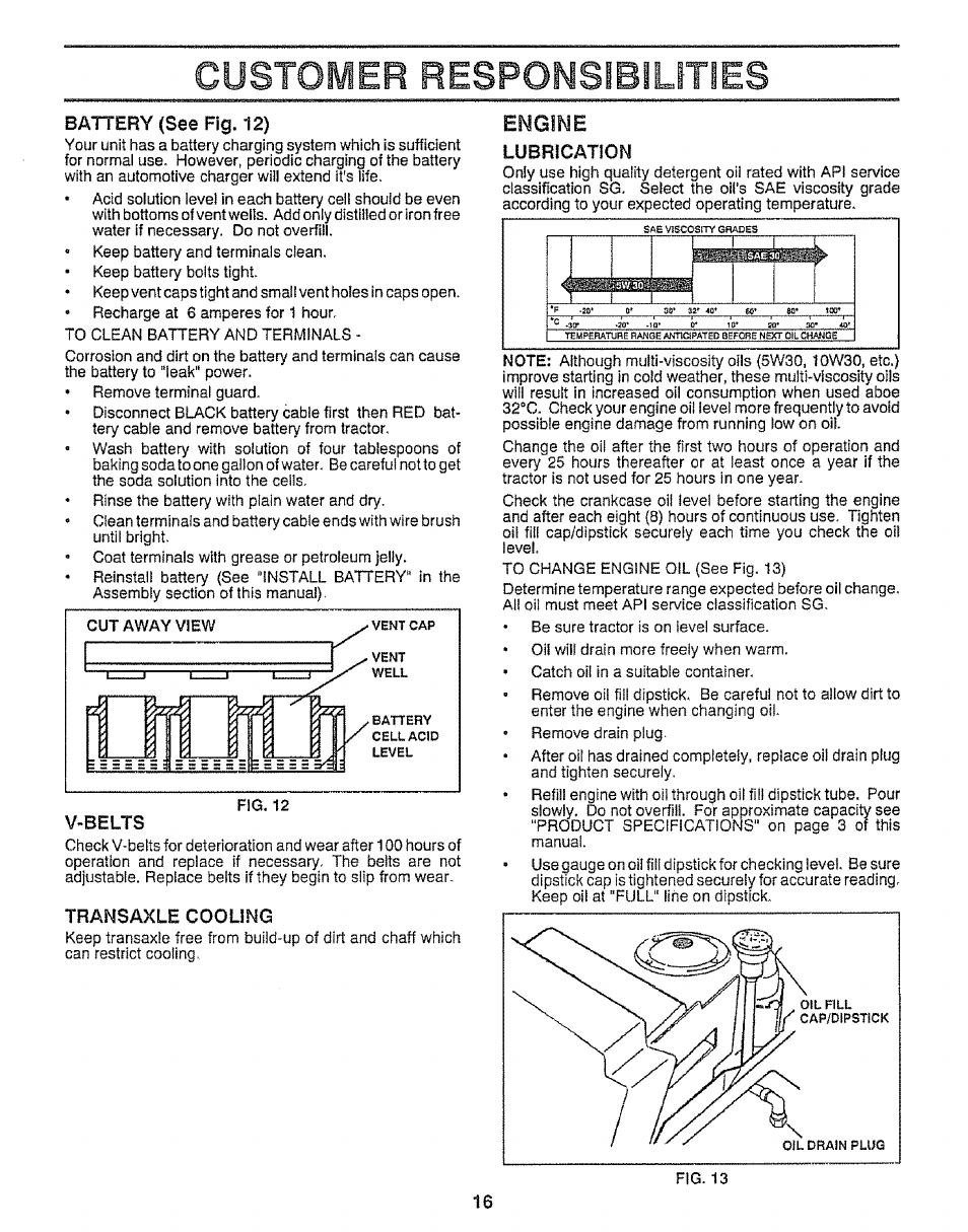 Battery (see fig. 12), Tbansaxle cooling, Engine | Lubrication, Customer respomsibilities | Craftsman 917.255561 User Manual | Page 16 / 52