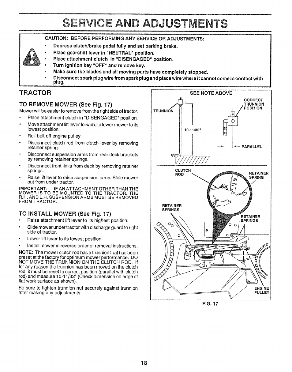 Plug, Tractor, To remove mower (see fig. 17) | To install mower {see fig. 17), Service and adjustments | Craftsman 917.255561 User Manual | Page 18 / 52