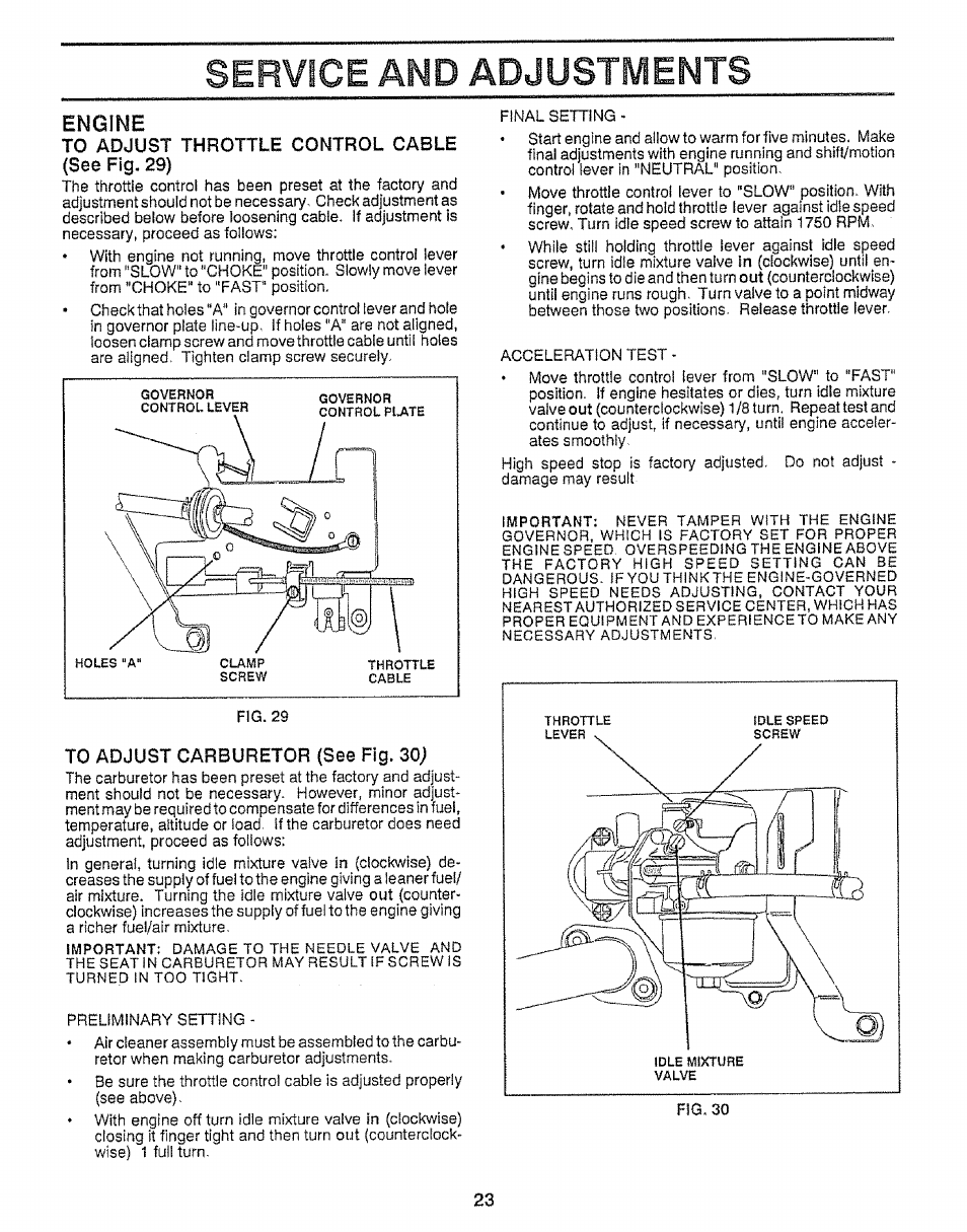 Engine, To adjust throttle control cable (se© fig. 29), To adjust carburetor (see fig. 30 | Engine....................................... ,16, Service and adjustments | Craftsman 917.255561 User Manual | Page 23 / 52