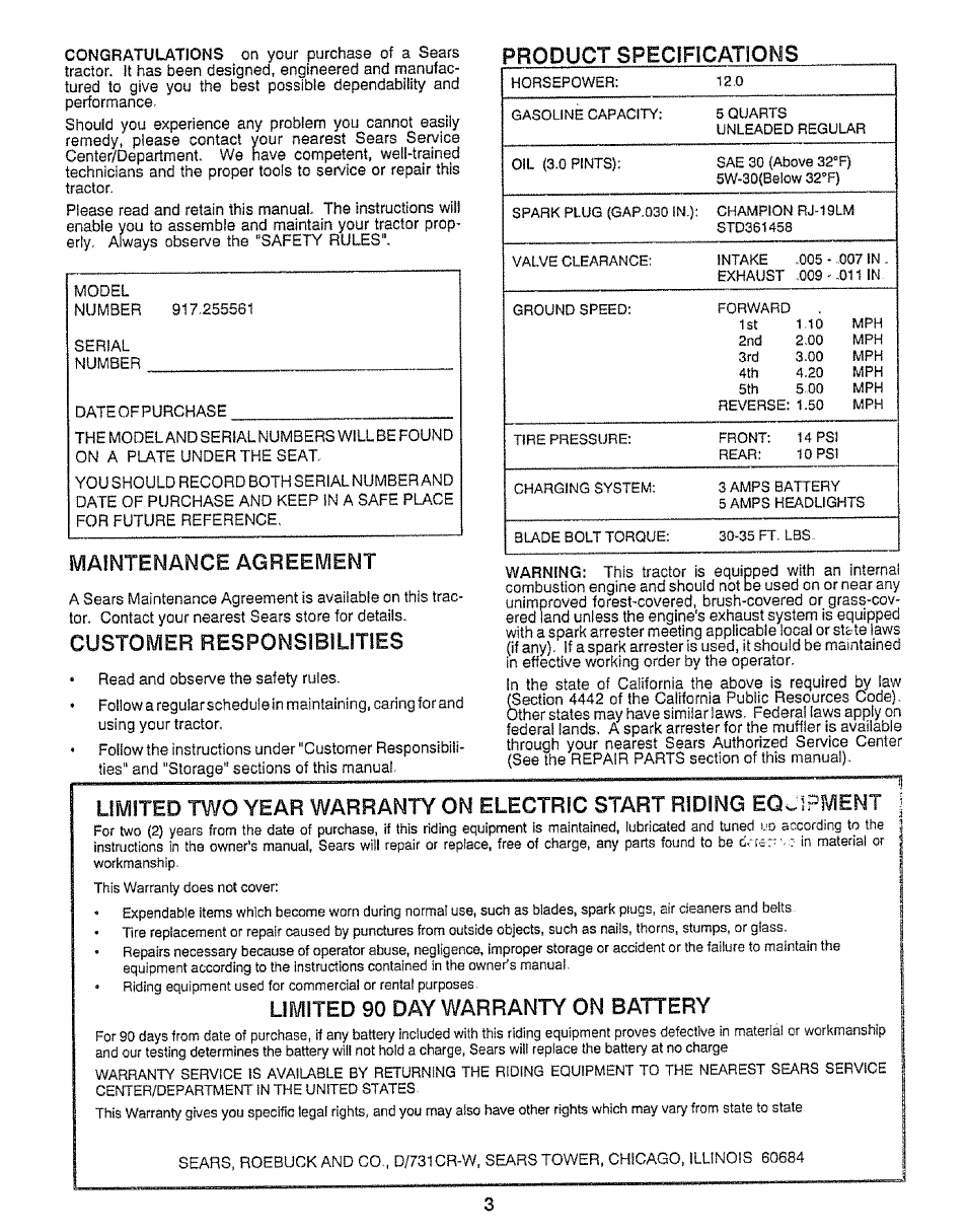 Maintenance agreement, Customer responsibilities, Limited 90 day warranty on battery | Product specifications | Craftsman 917.255561 User Manual | Page 3 / 52