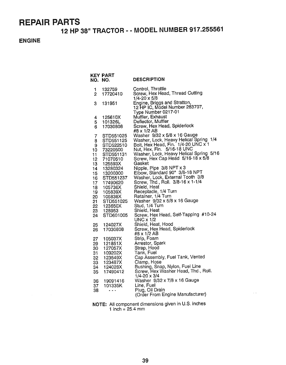 Engine, Repair parts | Craftsman 917.255561 User Manual | Page 39 / 52