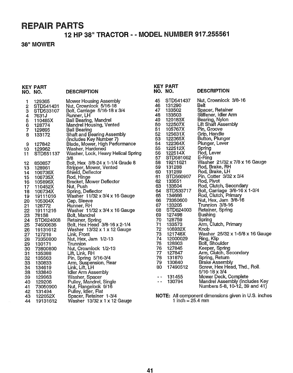 38” mower, Repair parts | Craftsman 917.255561 User Manual | Page 41 / 52