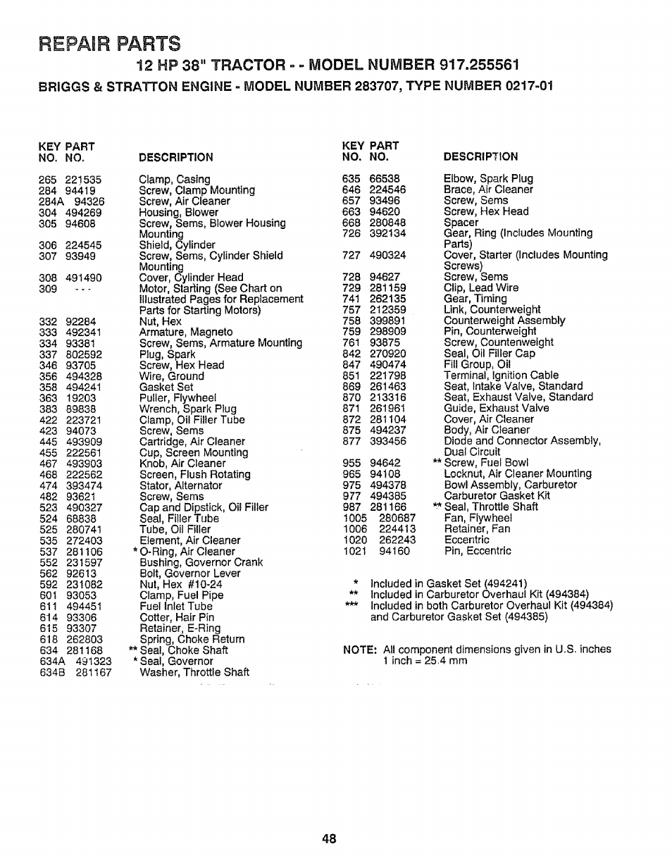 Repair parts | Craftsman 917.255561 User Manual | Page 48 / 52