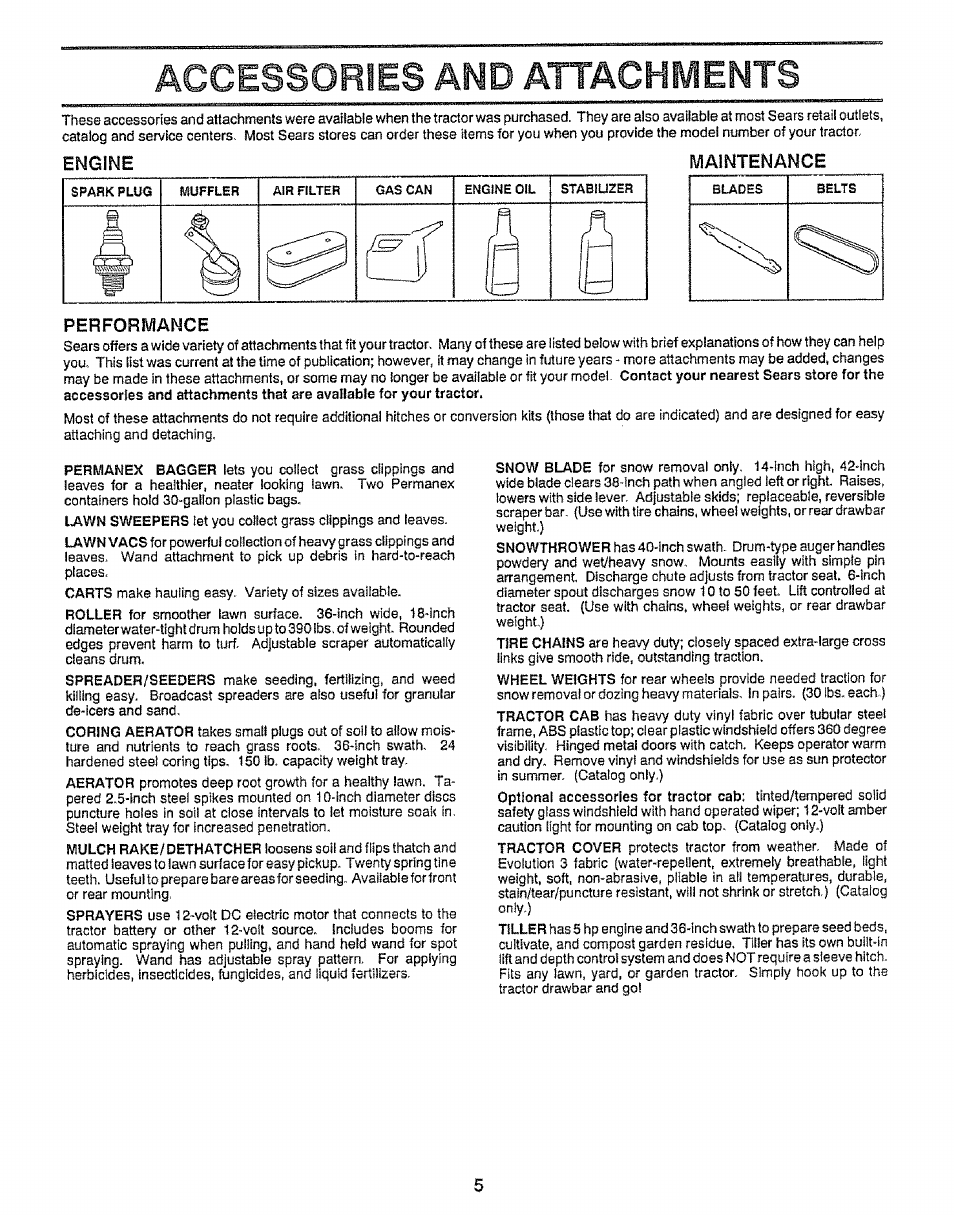Engine maintenance, Performance, Accessories and attachments | Maintenance performance | Craftsman 917.255561 User Manual | Page 5 / 52