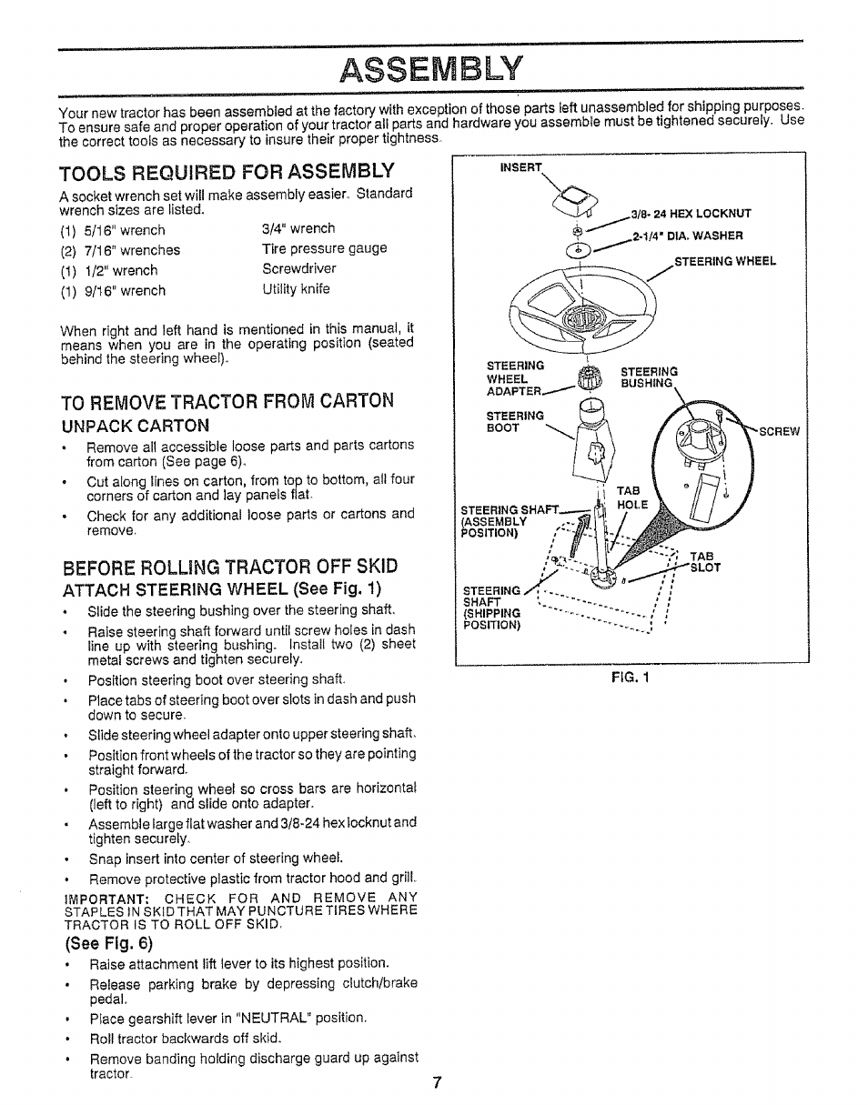 Assembly, Tools required for assembly, Before rolling tractor off skid | Craftsman 917.255561 User Manual | Page 7 / 52