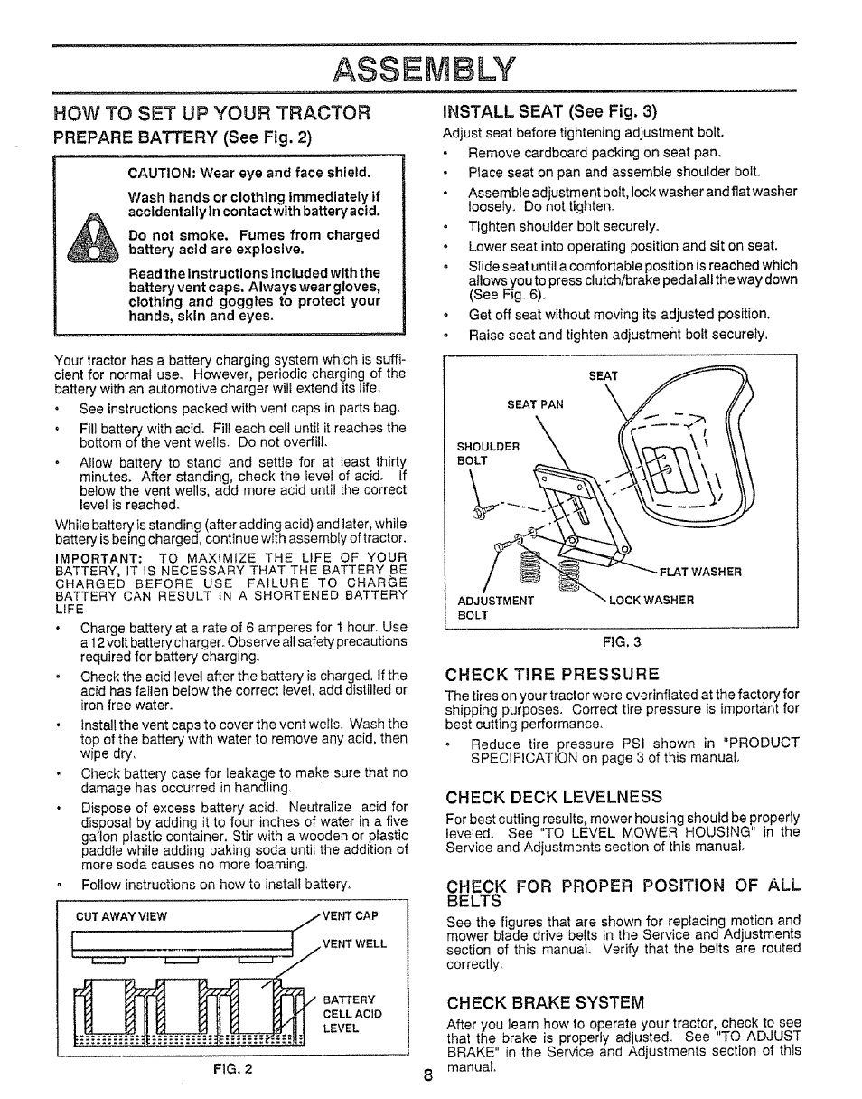 Prepare battery (see fig. 2), Install seat (see fig. 3), Check tire pressure | Check deck levelness, Check for proper position of all, Check brake system, Assembly, How to set up your tractor | Craftsman 917.255561 User Manual | Page 8 / 52