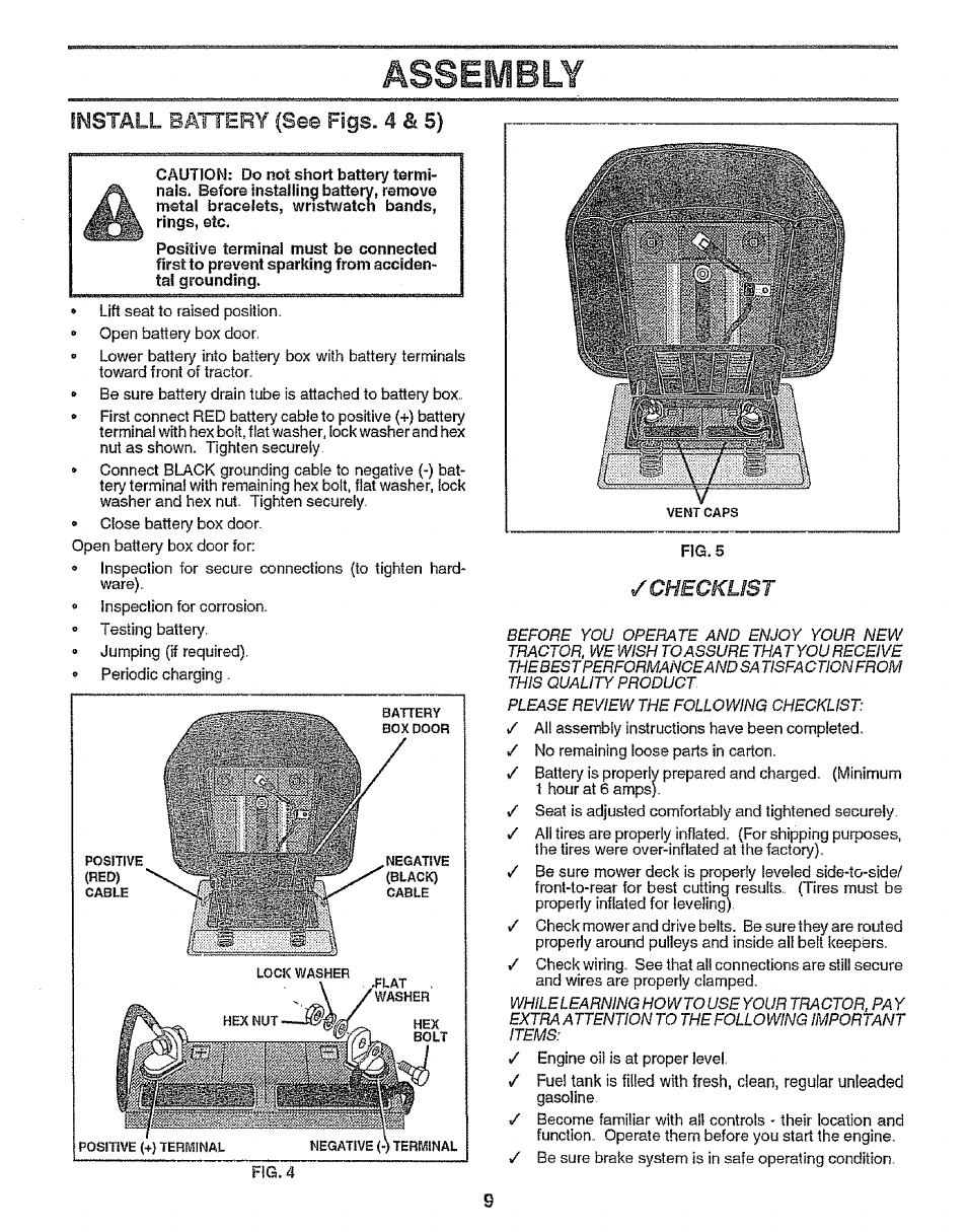 Install battery (see figs. 4 & 5), Assembly | Craftsman 917.255561 User Manual | Page 9 / 52