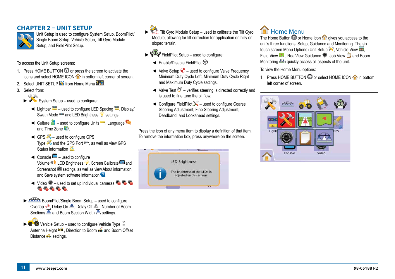 Chapter 2 – unit setup, Home menu | TeeJet Matrix 840G User Manual User Manual | Page 16 / 67