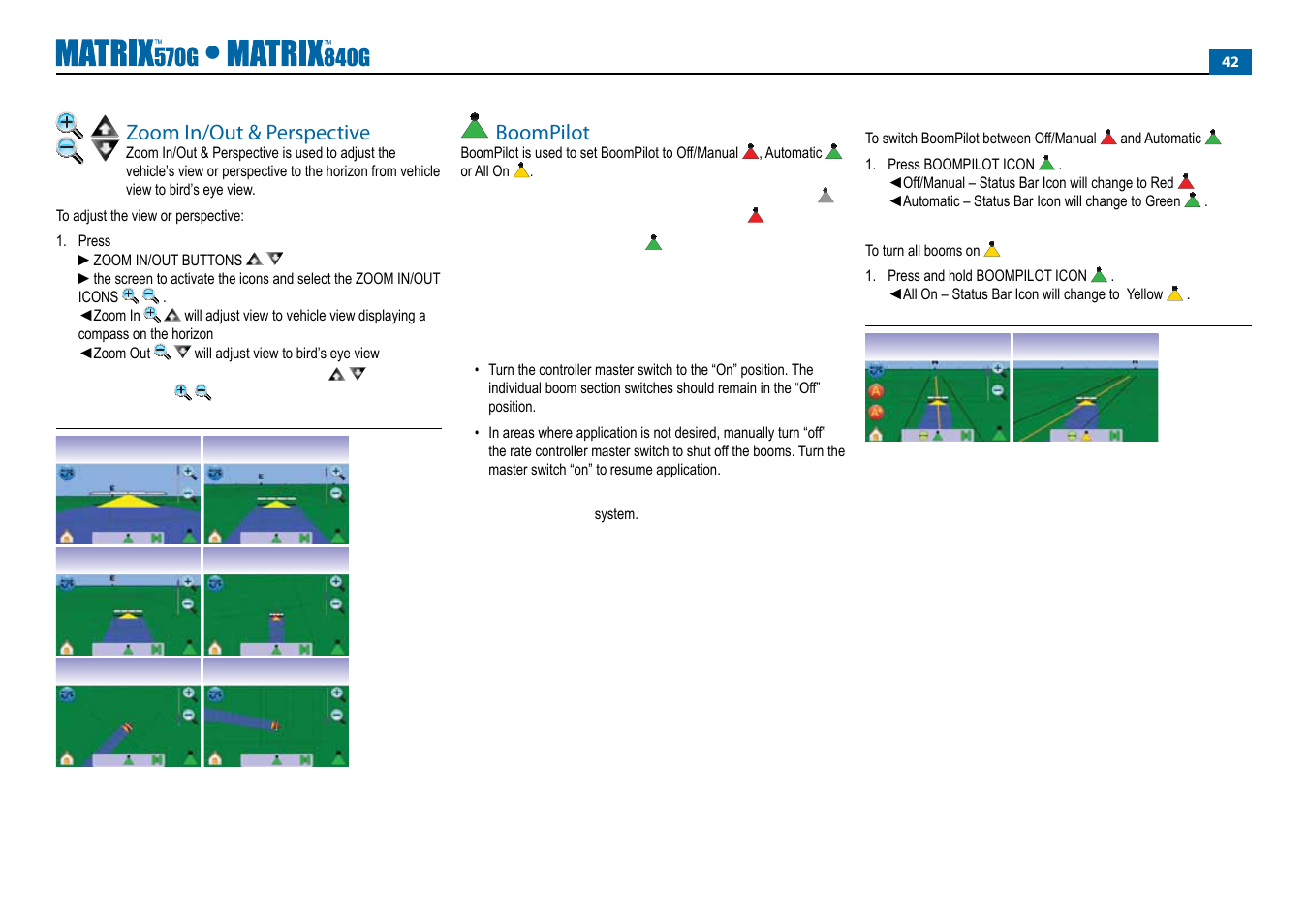 Zoom in/out & perspective, Boompilot, Guidance with smartcable or sdm | Off/manual & automatic, All booms on mode | TeeJet Matrix 840G User Manual User Manual | Page 47 / 67