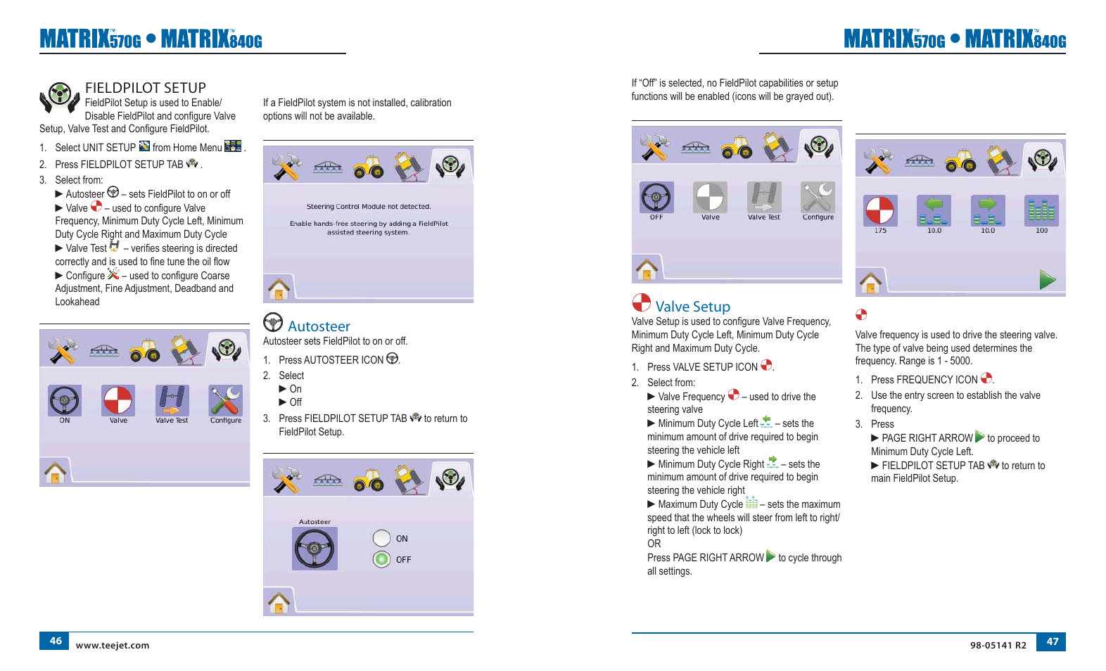 Valve setup, Fieldpilot setup, Autosteer | TeeJet Matrix 840G User Manual User Manual | Page 30 / 58
