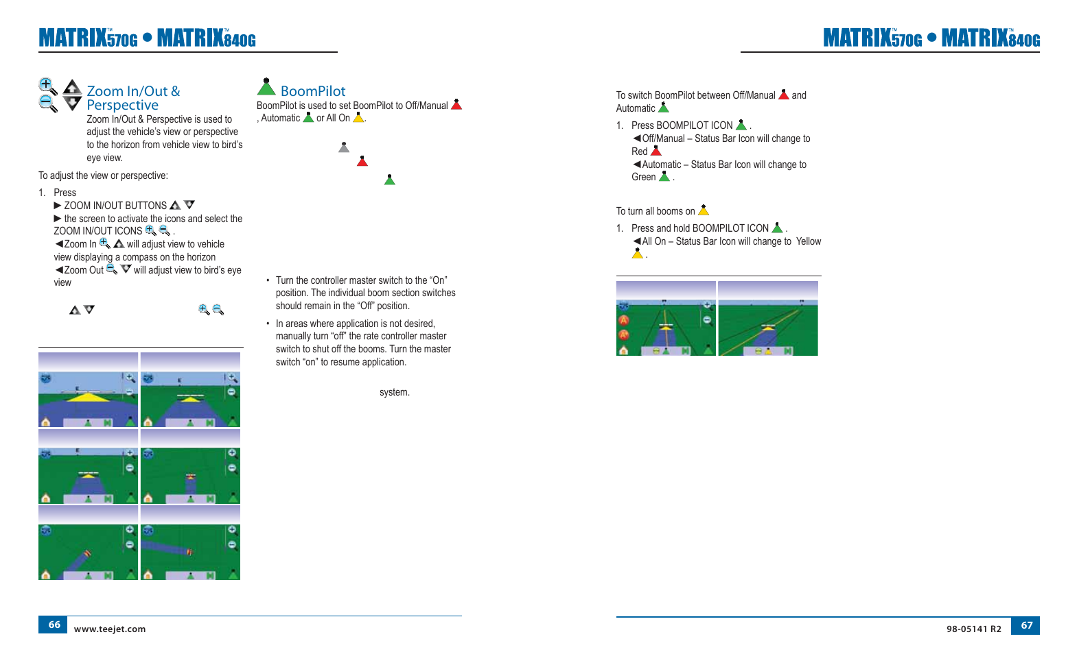 Zoom in/out & perspective, Boompilot, Off/manual & automatic | All booms on mode, Guidance with smartcable or sdm | TeeJet Matrix 840G User Manual User Manual | Page 41 / 58