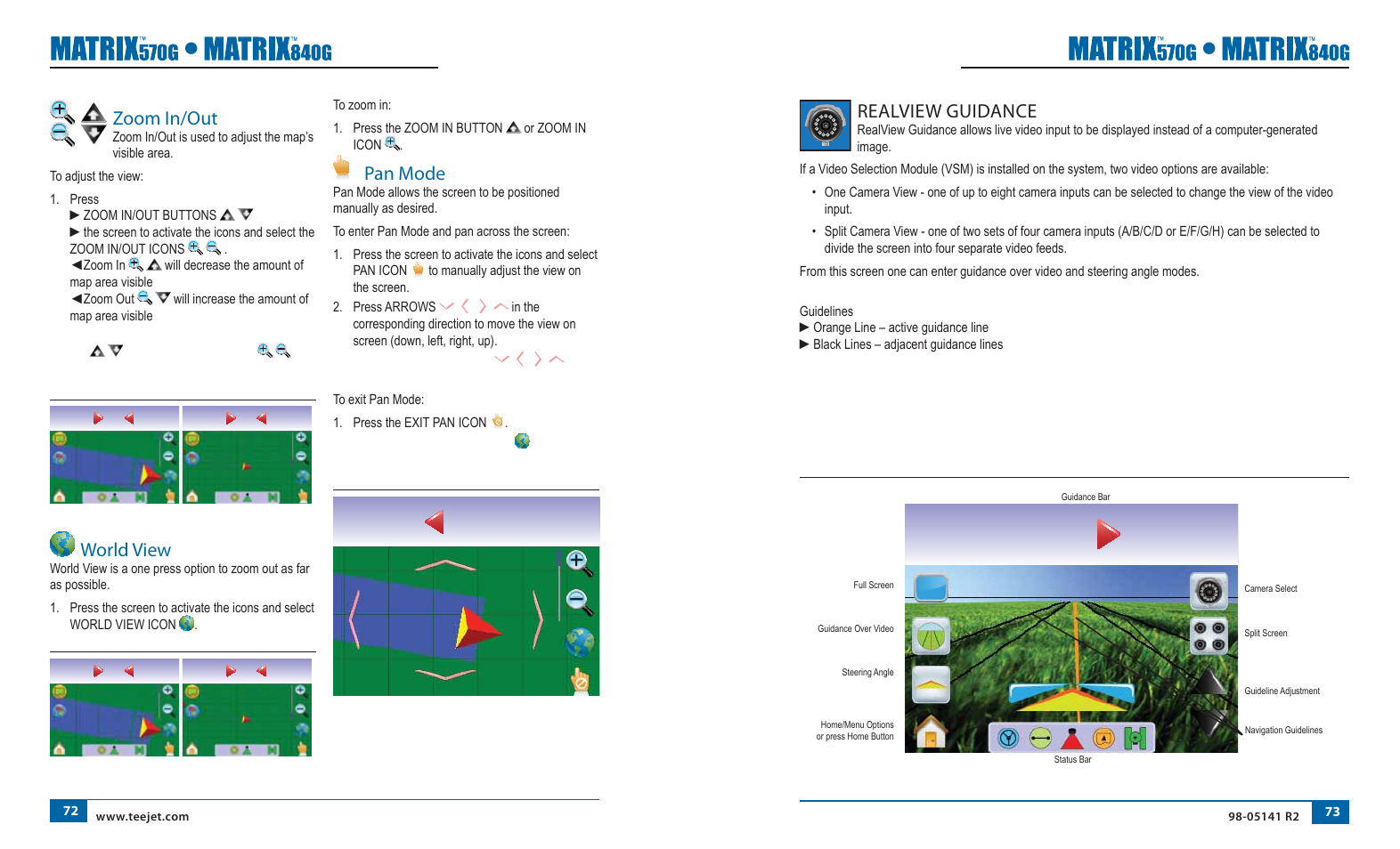 Zoom in/out, World view, Pan mode | Realview guidance, On screen guidance | TeeJet Matrix 840G User Manual User Manual | Page 44 / 58