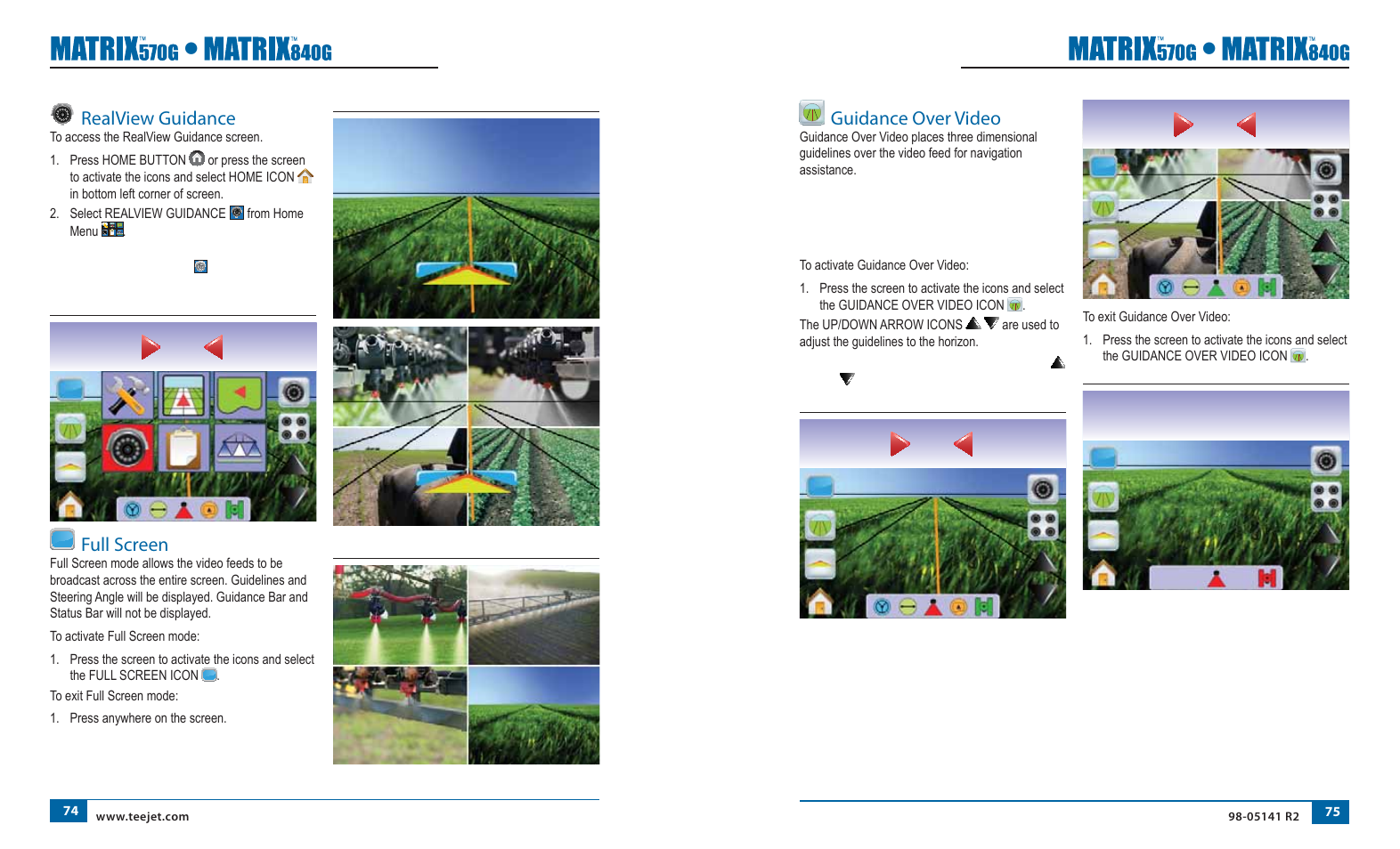 No gps, Realview guidance, Full screen | Guidance over video | TeeJet Matrix 840G User Manual User Manual | Page 45 / 58