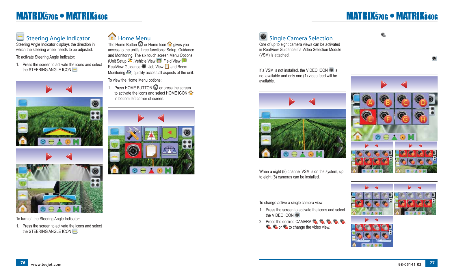 Steering angle indicator, Home menu, Single camera selection | No vsm, Eight channel vsm | TeeJet Matrix 840G User Manual User Manual | Page 46 / 58