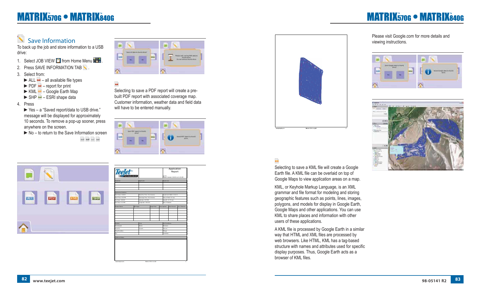 Save information, Kml data, Pdf report | All available fi le types ►pdf, Report for print ►kml, Google earth map ►shp | TeeJet Matrix 840G User Manual User Manual | Page 50 / 58