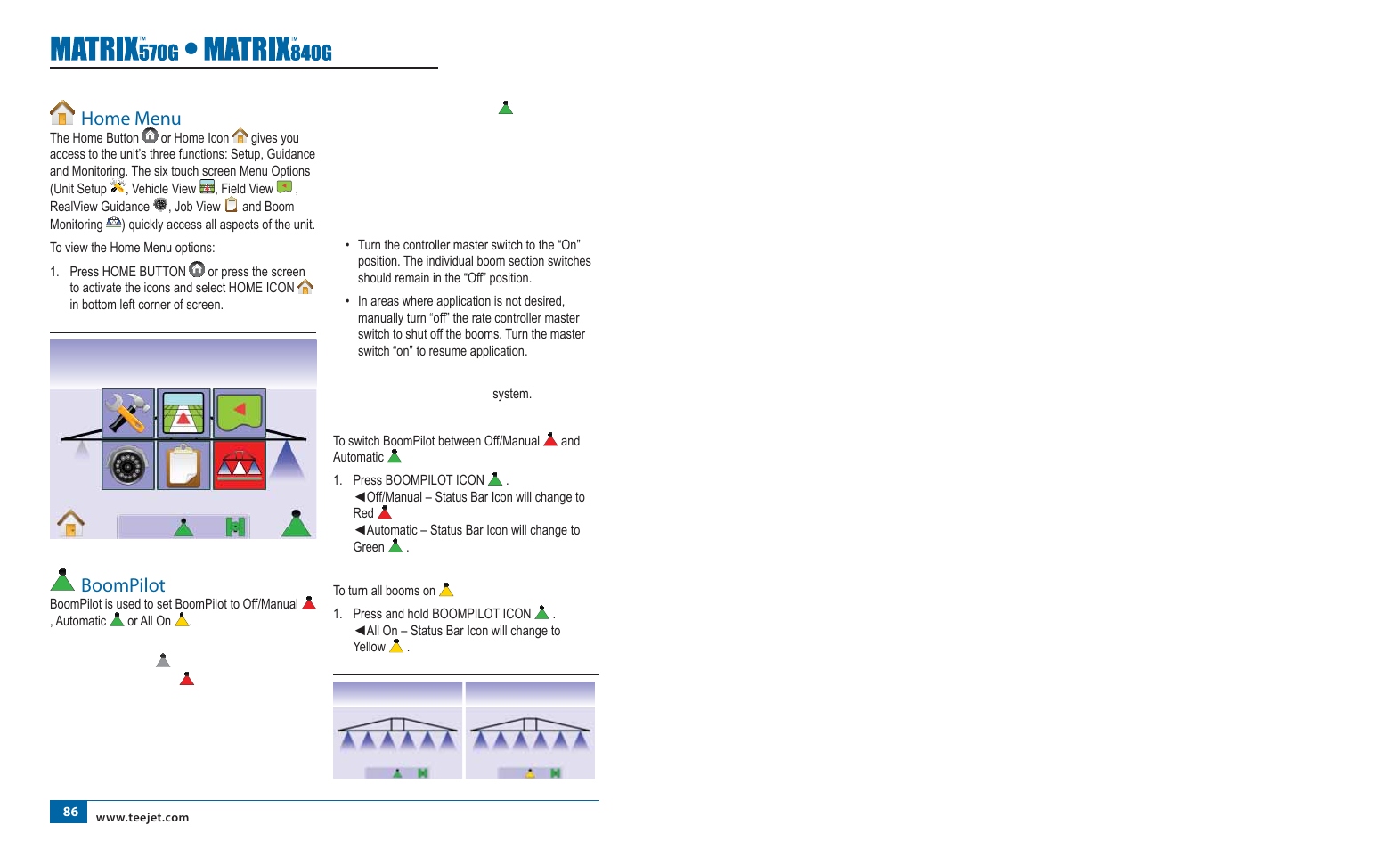 Home menu, Boompilot, Guidance with smartcable or sdm | Off/manual & automatic, All booms on mode | TeeJet Matrix 840G User Manual User Manual | Page 52 / 58