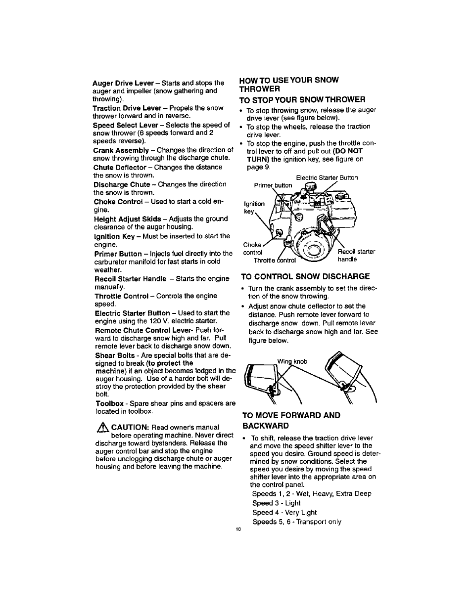 To control snow discharge, To move forward and backward | Craftsman 536.88123 User Manual | Page 10 / 24