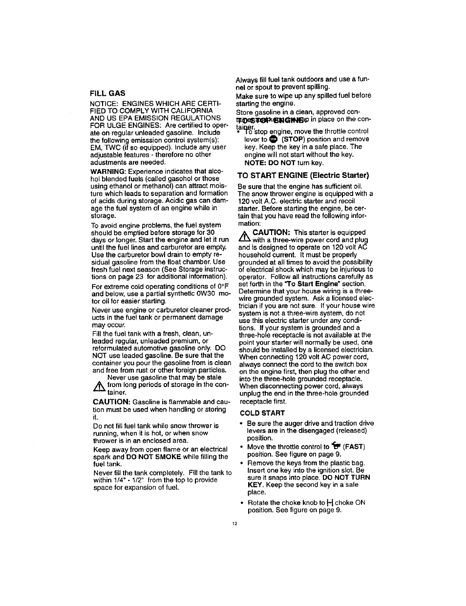 To start engine (electric starter) | Craftsman 536.88123 User Manual | Page 12 / 24