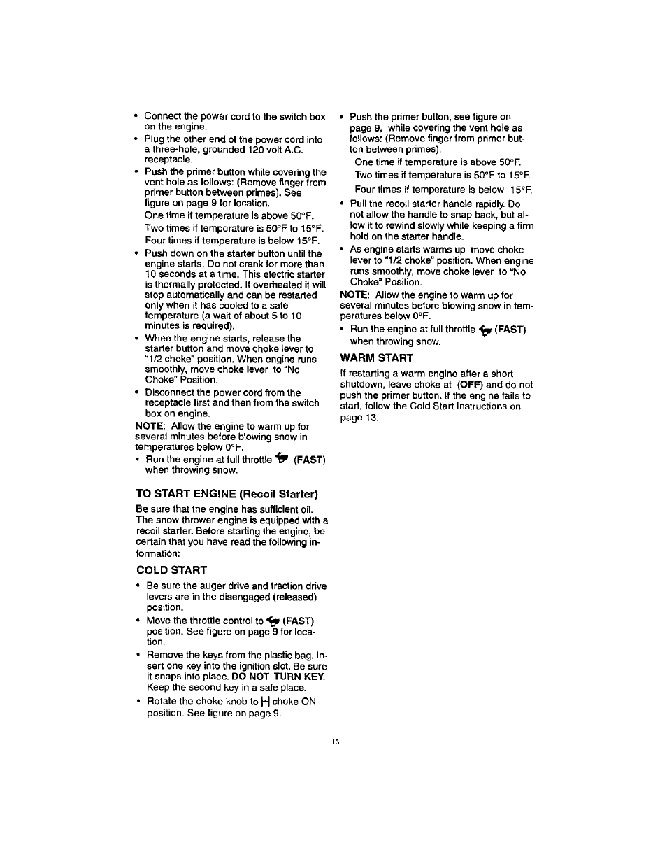 Warm start, To start engine (recoil starter), Cold start | Craftsman 536.88123 User Manual | Page 13 / 24