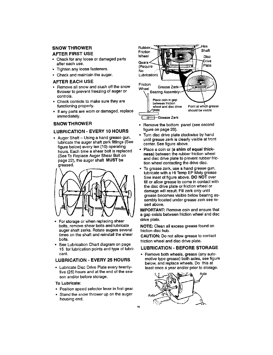 After first use, After each use, Snow thrower | Lubrication - every 10 hours, Lubrication - every 25 hours, Lubrication - before storage | Craftsman 536.88123 User Manual | Page 16 / 24