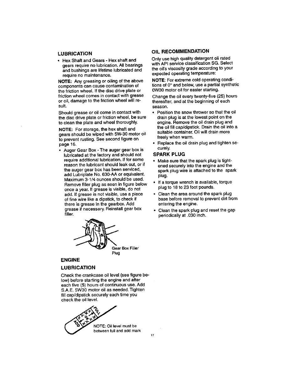 Lubrication, Oil recommendation, Spark plug | Craftsman 536.88123 User Manual | Page 17 / 24