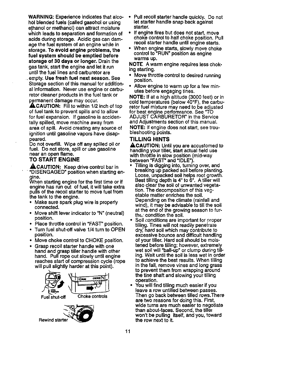 To start engine, Tilling hints | Craftsman 917.293320 User Manual | Page 11 / 36