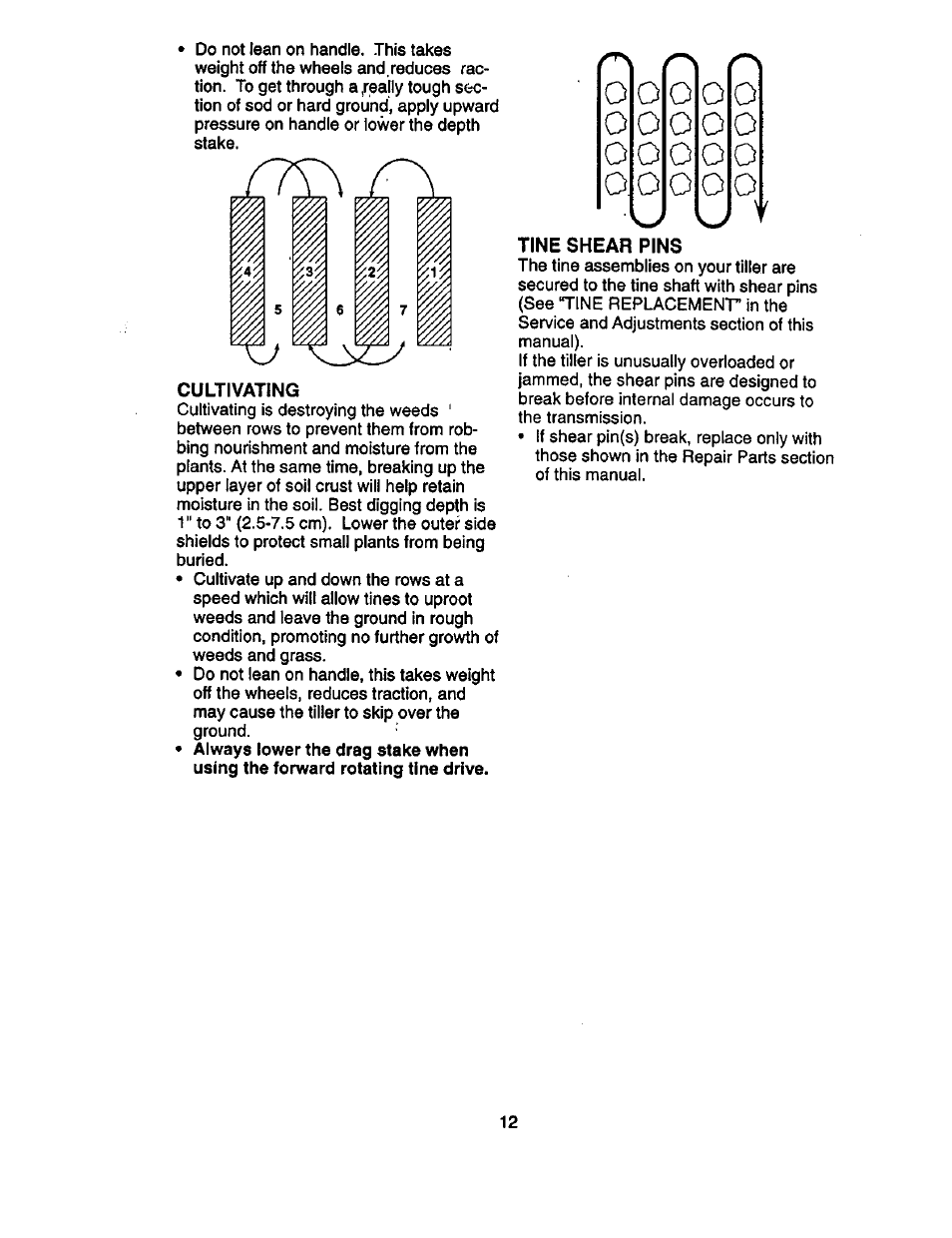 Cultivating, Tine shear pins | Craftsman 917.293320 User Manual | Page 12 / 36