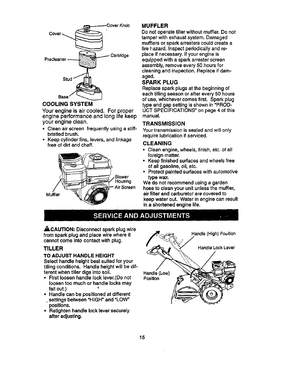 Muffler, Spark plug, Transmission | Cleaning, Service and adjustments, Tiller | Craftsman 917.293320 User Manual | Page 15 / 36