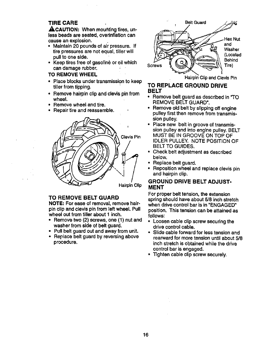Tire care, To remove wheel, To replace ground drive belt | Ground drive belt adjustment | Craftsman 917.293320 User Manual | Page 16 / 36
