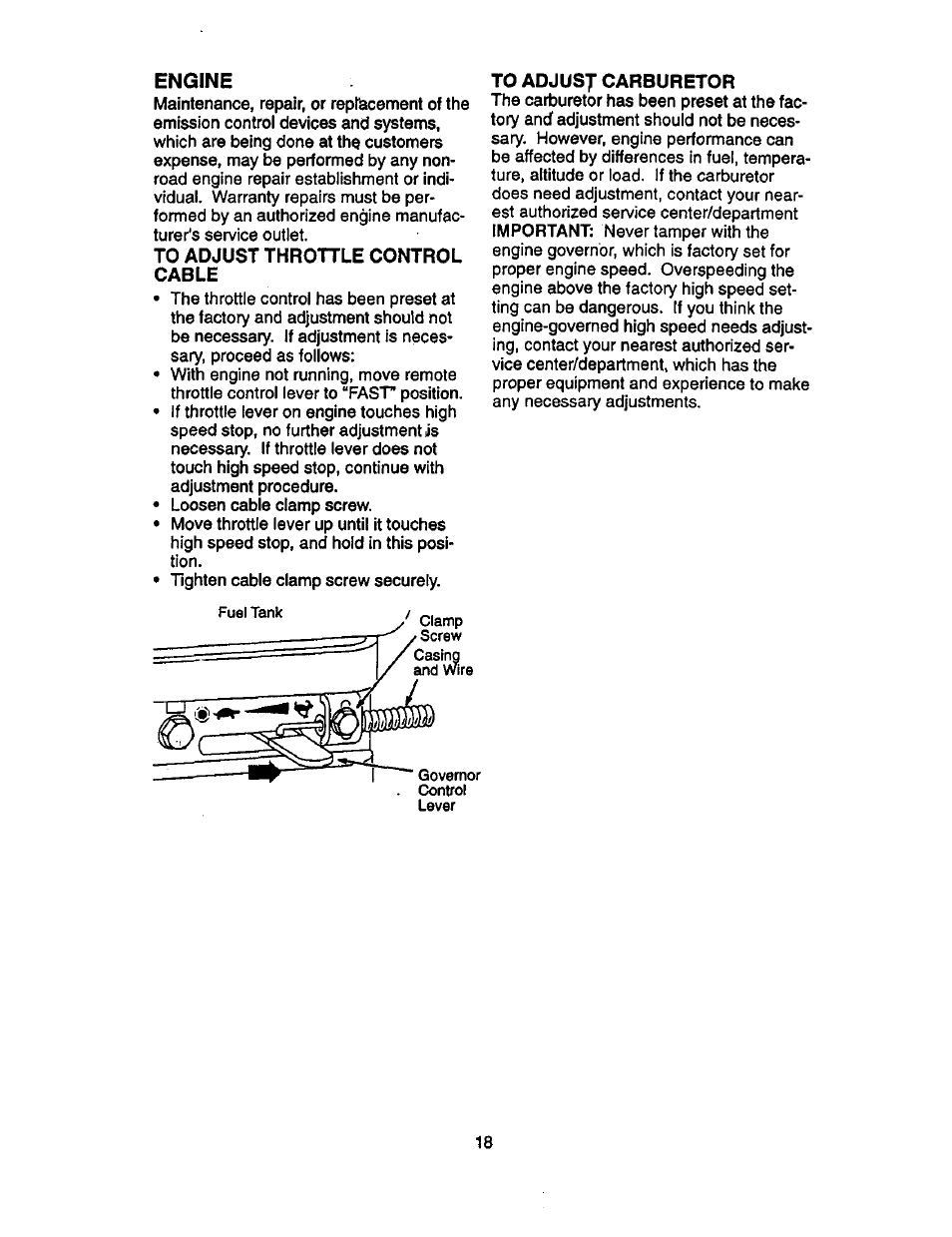 Engine, To adjust throttle control cable, To adjus7 carburetor | Craftsman 917.293320 User Manual | Page 18 / 36