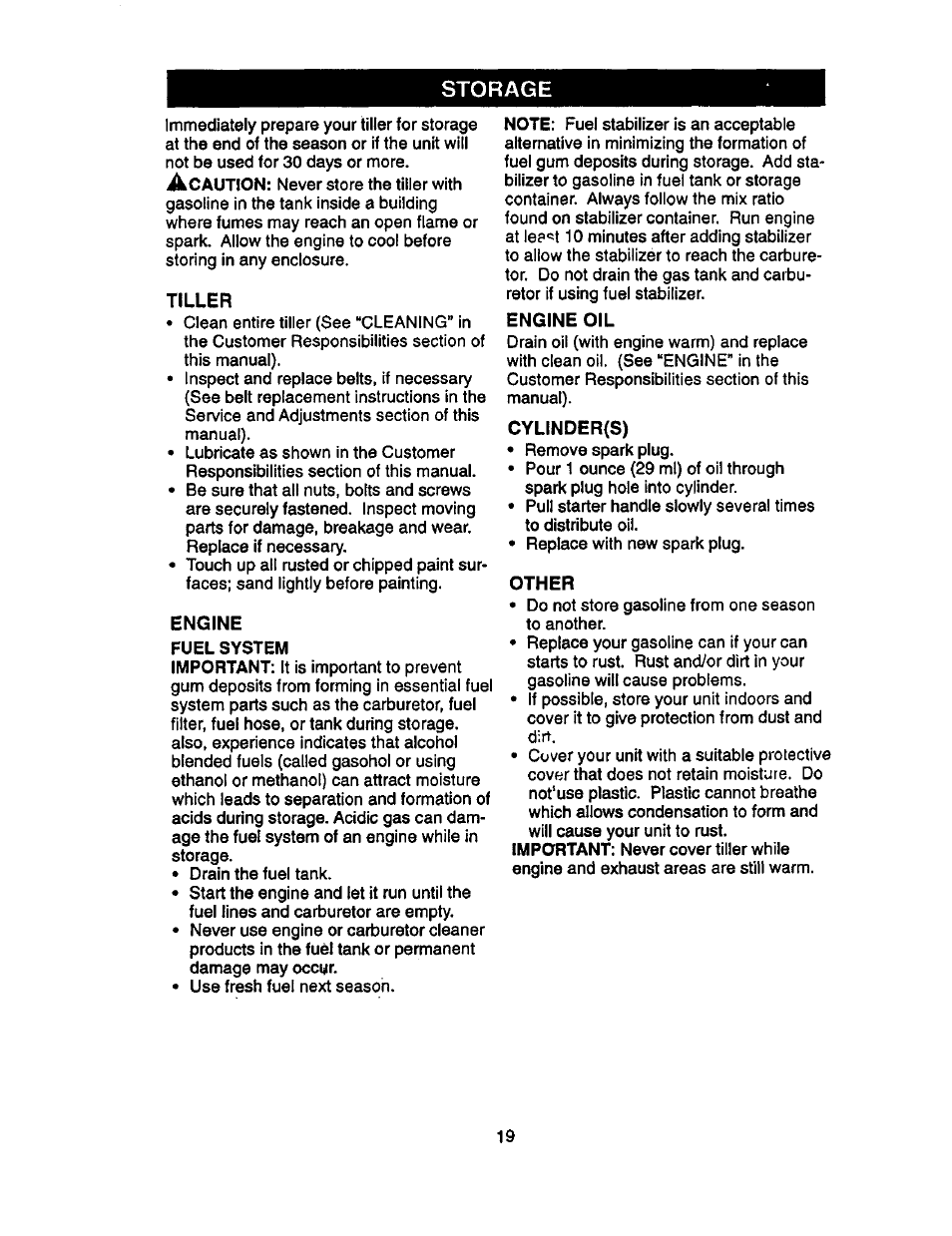 Storage, Tiller, Engine | Engine oil, Cylinder(s), Other | Craftsman 917.293320 User Manual | Page 19 / 36