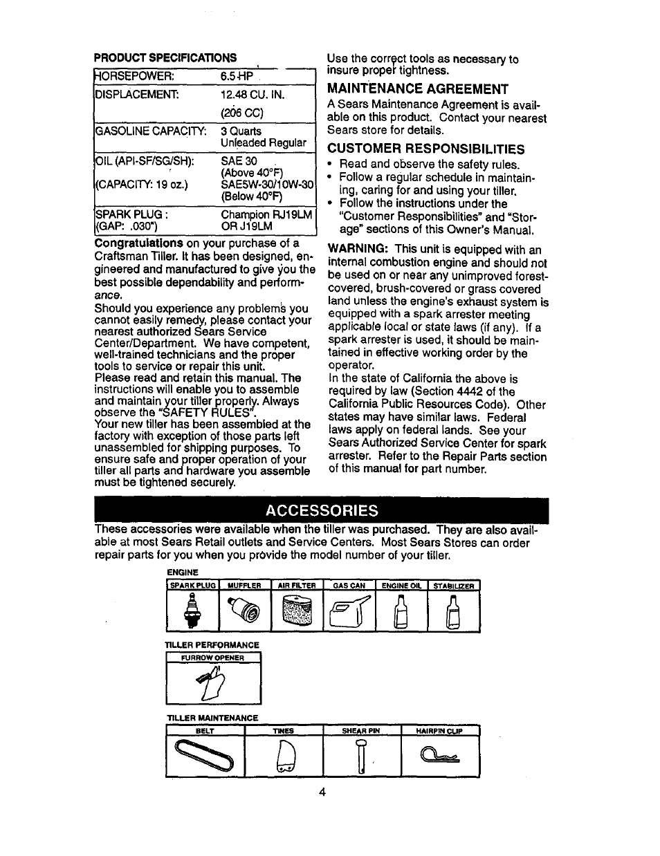 Maintenance agreement, Customer responsibilities, Accessories | Ar ê | Craftsman 917.293320 User Manual | Page 4 / 36