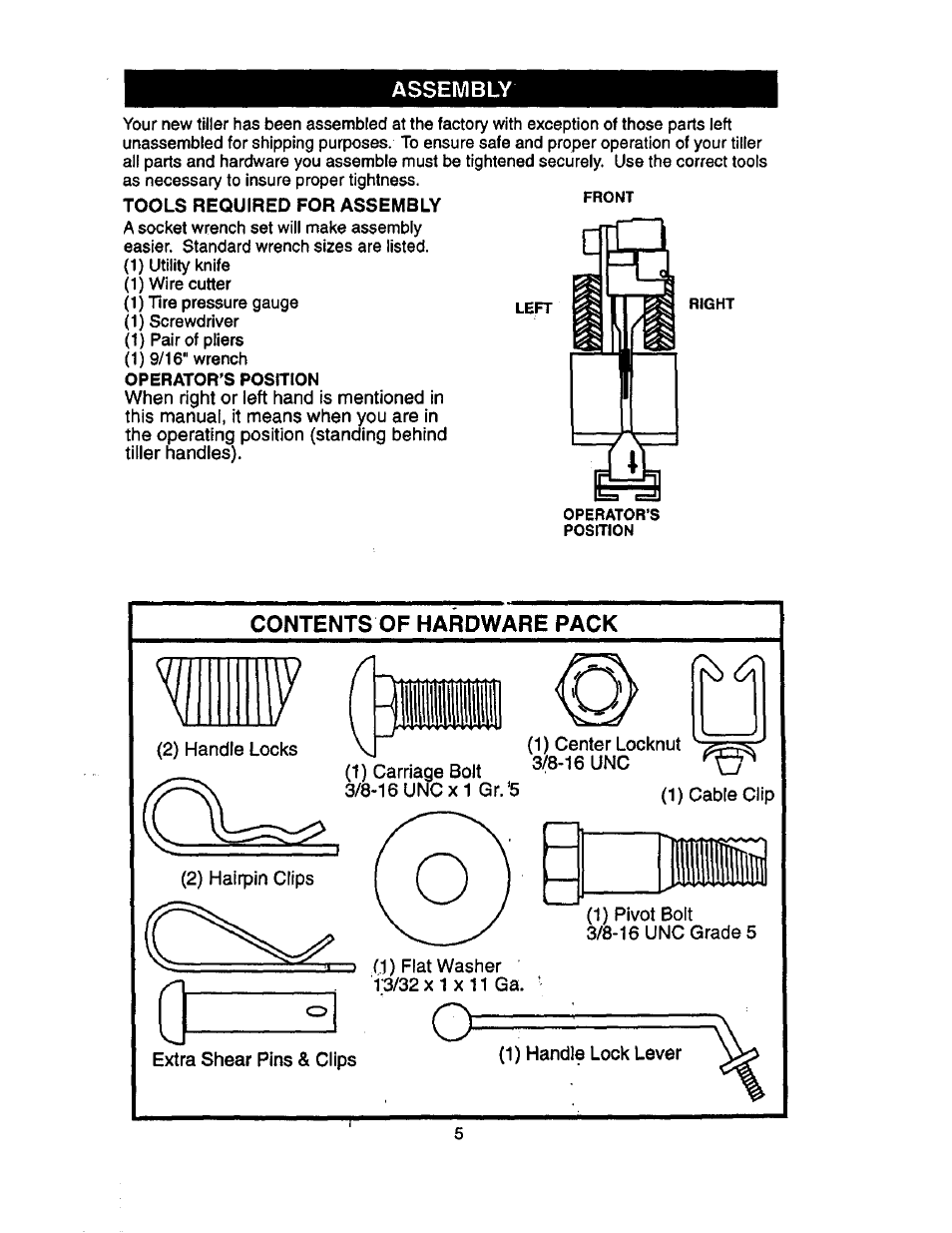 Assembly, Tools required for assembly, When right or left hand is mentioned in | This manual, it means when you are in, The operating position (standing behind, Tiller handles) | Craftsman 917.293320 User Manual | Page 5 / 36