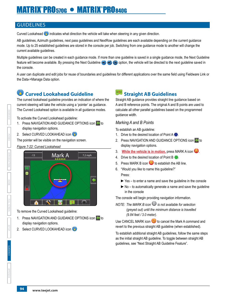 Guidelines, Curved lookahead guideline, Straight ab guidelines | Marking a and b points, Guidelines 94, Mark a | TeeJet Matrix Pro 840G User Manual User Manual | Page 101 / 127