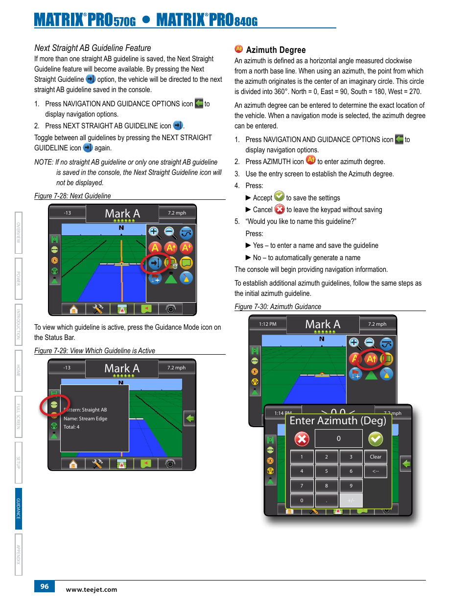 Next straight ab guideline feature, Azimuth degree, Mark a | Enter azimuth (deg) | TeeJet Matrix Pro 840G User Manual User Manual | Page 103 / 127