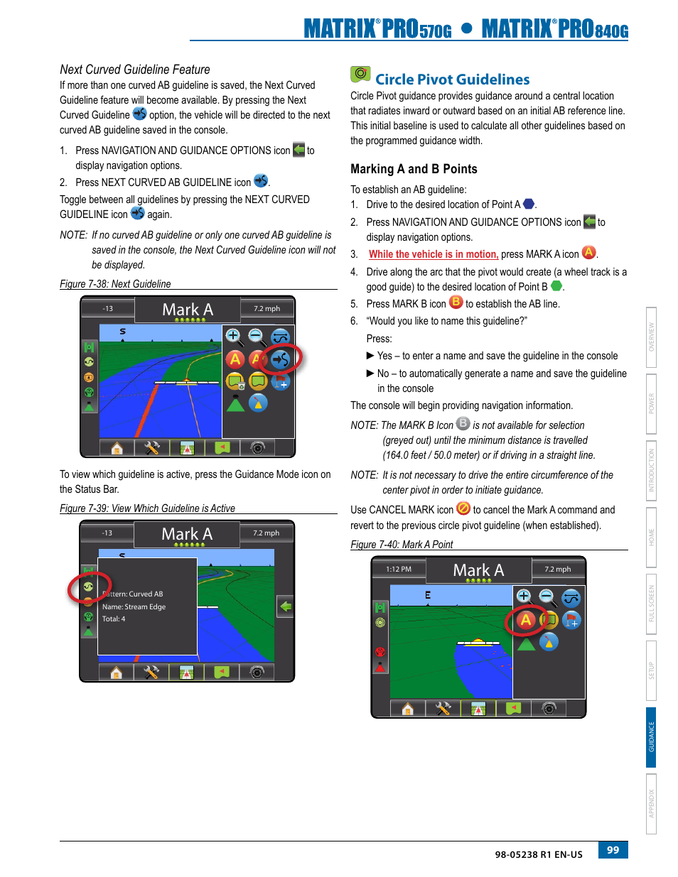 Next curved guideline feature, Circle pivot guidelines, Marking a and b points | Mark a | TeeJet Matrix Pro 840G User Manual User Manual | Page 106 / 127